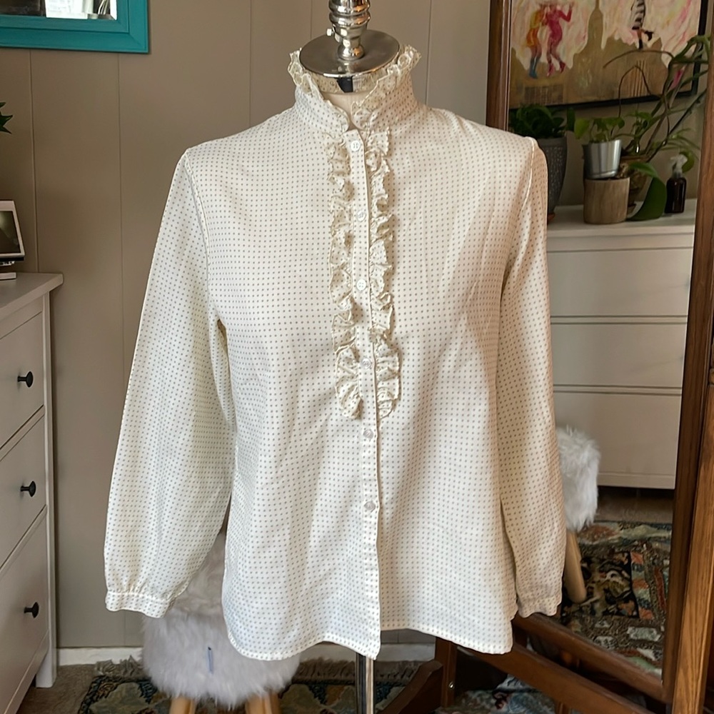 Vintage Joyce Sportswear cream Polka Dot and Ruffled Button-Down Blouse